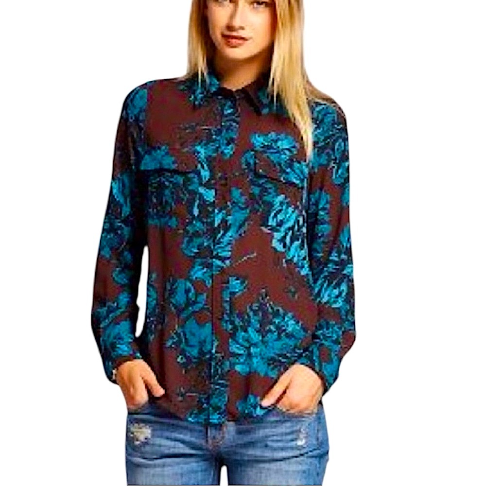 💟 2/$20 Who What Wear Blue Floral Button Down Shirt XL